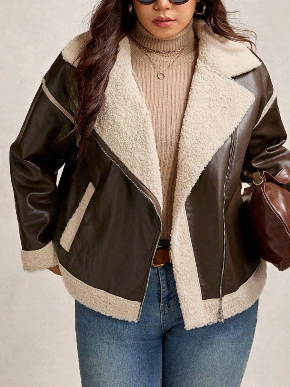 Coffee Brown Casual Women's Plus Size faux leather Faux Fur Collar Jacket